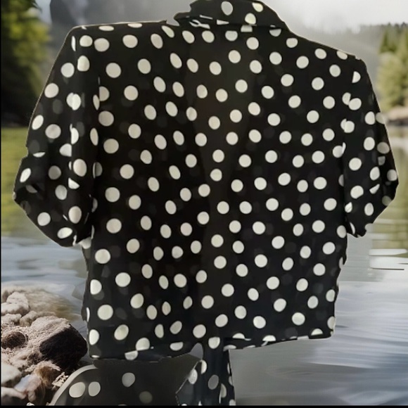 Taurus 11 Front Tie Dressy Blouse Black White Polka Dots Shoulder Pads Sheer - Picture 2 of 3